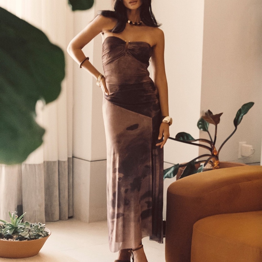 12th Tribe Everly Mocha Mesh Midi Dress